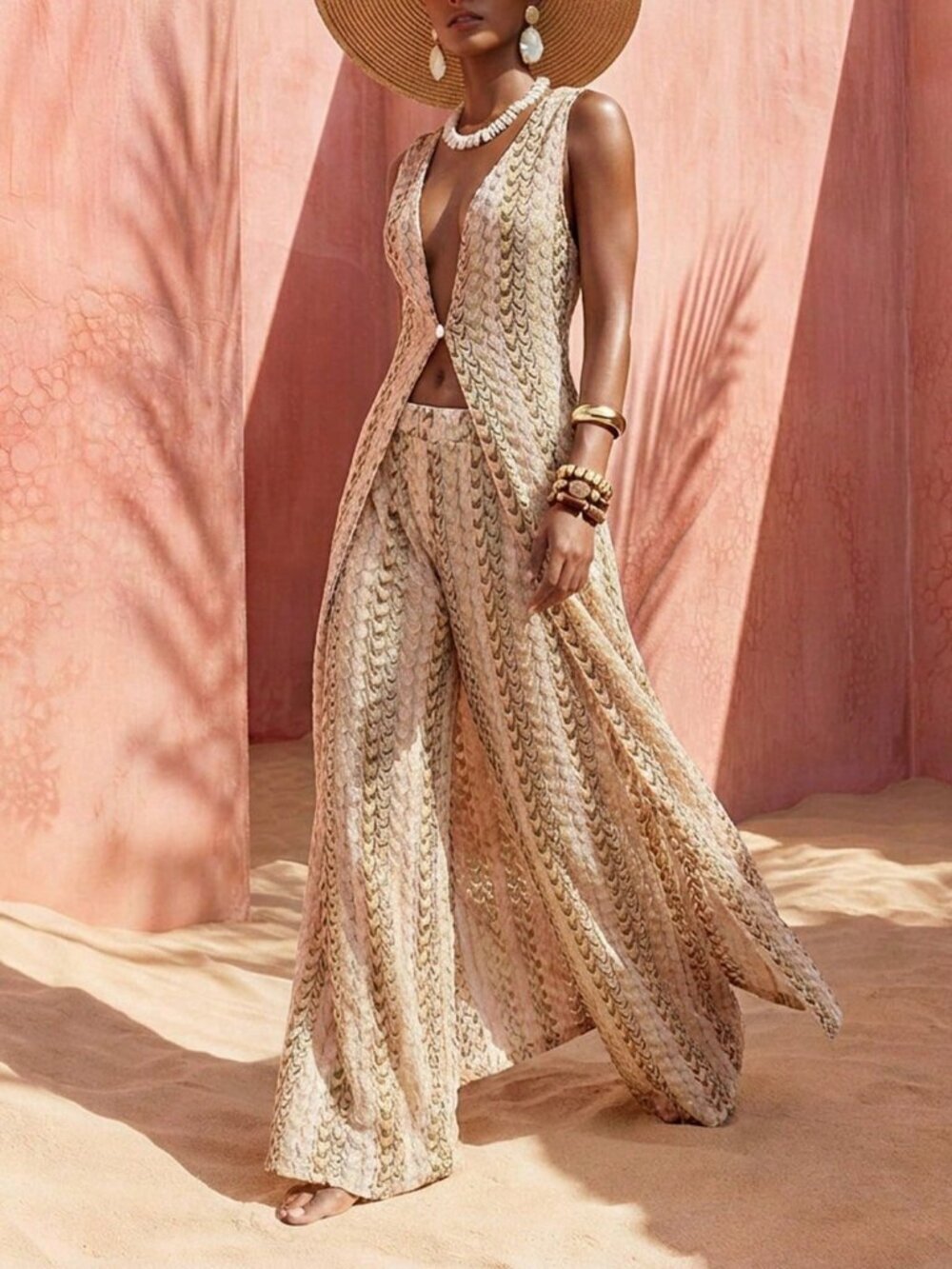 Yellow Boho Women's Semi-Sheer Striped Knit Sleeveless Long Robe Beach Coverup